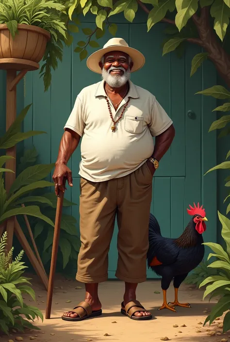 Large and tall Brazilian black man smiling happily, 90 year old man, pipe in mouth, white hat on head, white shirt, rosary around the neck, Brown pants, walking stick, dirt floor, a black rooster on the side, medicinal herbs background 