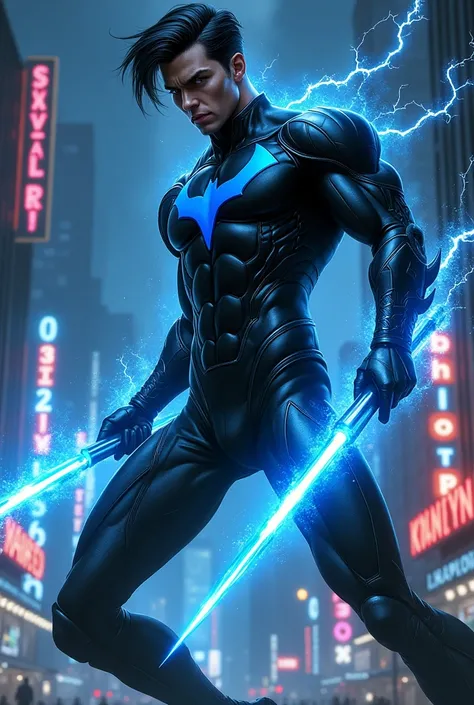 Nightwing (Dick Grayson),DC Comics,with a pair of blue electric sticks.