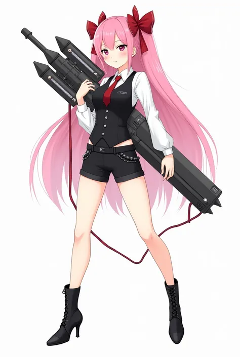 The image features a female character with long, pink hair., adorned with red bows. She wears a white shirt with a tie and a black vest., plus black shorts that highlight your legs. The character holds a rope in one hand and, Next to you, there is military...