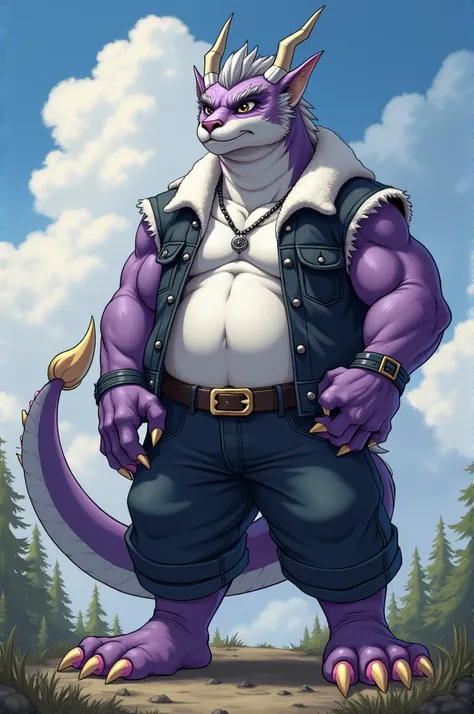 Against the backdrop of a cloudy wilderness at noon，Young fat male western dragon furry dragon man，Full body standing painting，Gray short hair，Gray dragon horn，Western dragon head，Purple dragon ears，Purple facial fur，White mandible fur，Purple back fur，Whit...