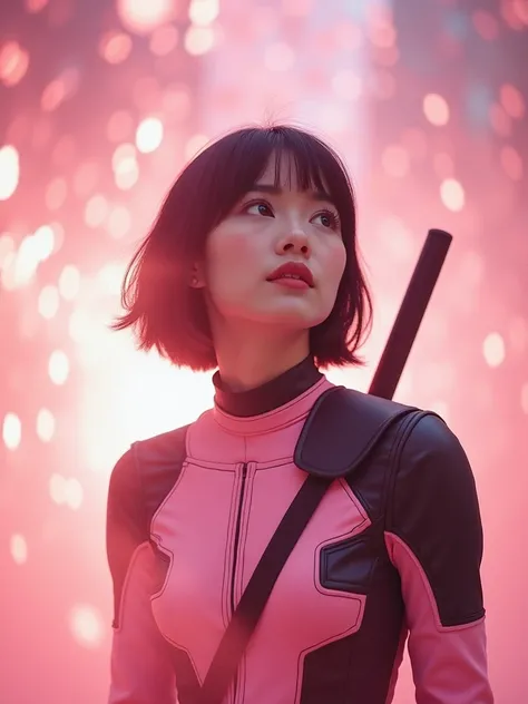 dynamic Angle, a Japanese woman, bob cut hair, Blurred background, pink dream world, Fantasy, Bokeh, Chromatic aberration, Knee high, Looking up, Bokeh, Photo_Curly, cosplay from "deadpool",  light pink deadpool costume, Real, Solo, Horizon, Model like, Im...