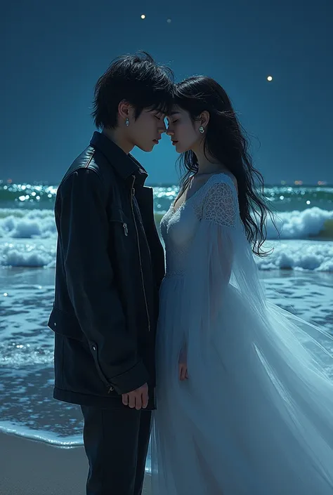 a fanfic cover where Chan is a guitarist and vocalist of a rock band and Hyunjin is a dancer, they are opposites. Create this image with them on the beach at night, using some elements that are opposite but complement each other, type of two air sol. both ...