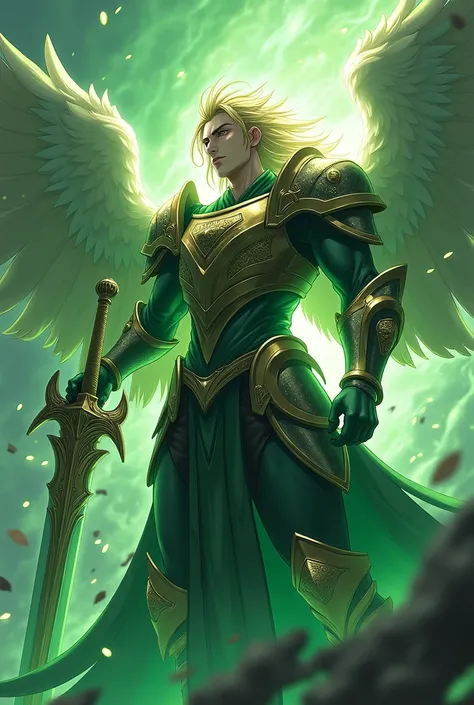 Archangel Raphael Male Anime, green shadow on his armor, and with sword