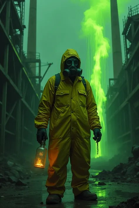 Create a man with a gas mask, in a power plant, holding a radioactive vial, with a yellow bomb protection suit, it&#39;s raining green liquid radiation 
