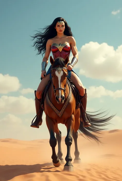 Wonder Woman, hair blowing in the wind, riding a horse in the desert 