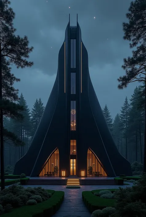 "Imagine a luxurious mansion, black as midnight and shaped like an enormous jet, located in a secluded forest park. The surrounding darkness adds to its sleek, enigmatic presence under the starlit sky."