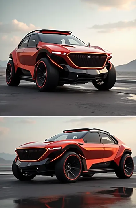 a sleek, futuristic supercar, highly detailed, glossy metallic body, glowing neon accents, complex angular design, low-profile aerodynamic frame, powerful engine, seamless integration of technology, cinematic lighting, dramatic camera angles, photorealisti...