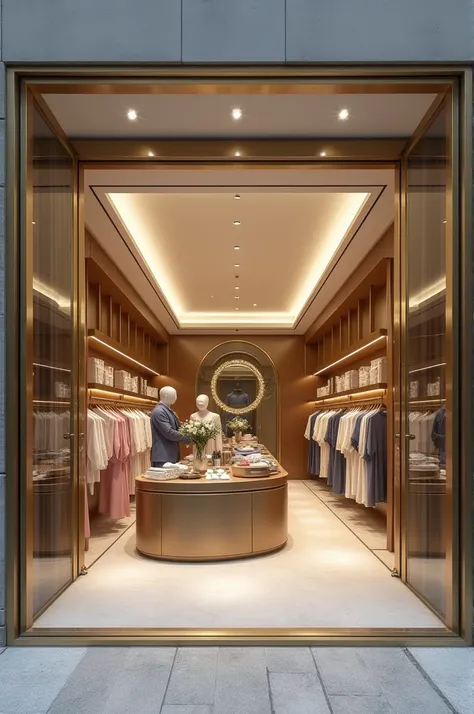 Make an elegant store with glass doors where sanitary uniforms are sold 