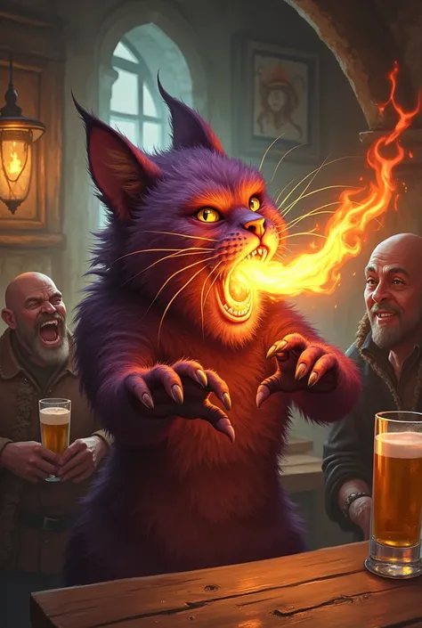 Kragar&#39;s reaction to &#39;Dwarven Fire&#39;: prompt: "Illustrates the reaction of Kragar the Witch Cat after drinking &#39;Dwarffire&#39;. His face is red, with an exaggerated gesture of astonishment and pain. He is trying to put out the fire in his mo...