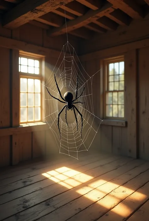 In the corner of a large wooden house, there is a completely black spider secretly spinning a web, and sunlight shines into the house.