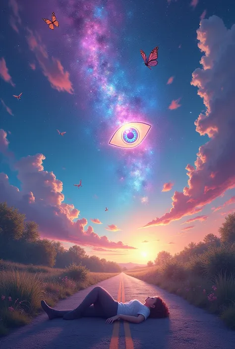 road with a person lying down and a psychedelic colored sky illuminating everything around and an eye flying above the person&#39;s head with a butterfly passing in front of the eyes 