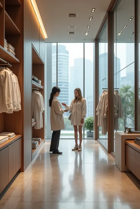 Make an elegant store with glass doors where realistic sanitary uniforms are sold
