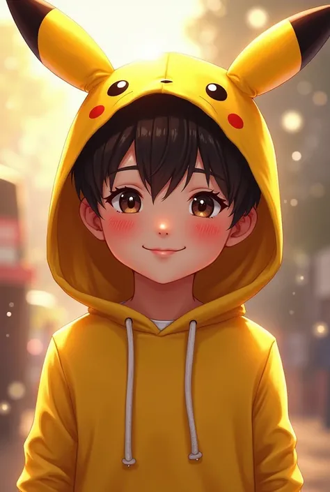 a boy cosplaying pikachu, wearing yellow hoodie with rabbit ear on hood, boy has light transparent red blush on his cheeks,Solo, High Resolution, Accurate, High Resolution, Award Winning, beautiful, blurr warm background background , semi realistic, reflec...