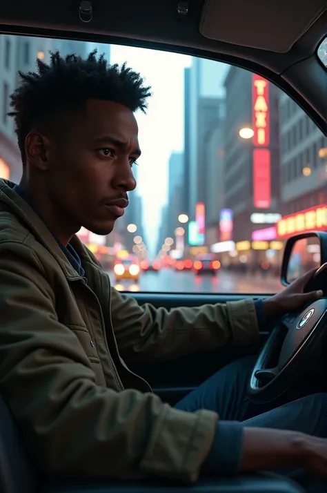 With a realistic and side view Generate an image of a dark black young man with a worried face whiles driving a taxi in the city 