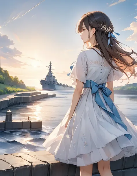 material, Watercolor paint,(Amazingly absurd)),(masterpiece:1.2),超High resolution, Attention to detail, high quality, High resolution, 最high quality, 4K, 8k、Rear view、(((Face the warship)))、(((Looking into the distance:2.0)))、White dress、Short sleeves、(((S...