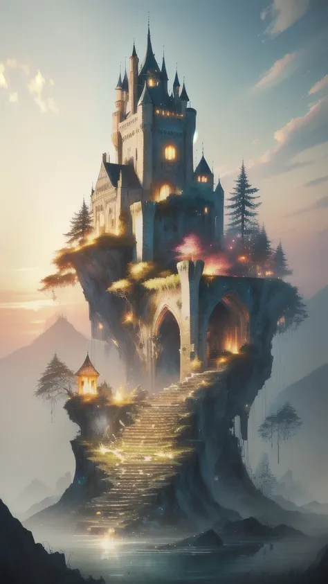 A ray of light shines into the darkness, A ruined castle is depicted in detail、Submerged City、Detailed Ruins、Anime Style、Picture book style、Fantasy、A forest trapped in a glass ball、Fairy、ラピュタスタイル

Highest quality in 4K and 8K resolutions。High resolution an...