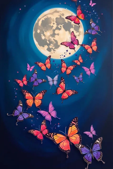 Muchas butterfly with colors PURPLE  AND ORANGE, RED, ORANGE, PURPLE SURROUNDED  BACKGROUND A MOONLIGHT NIGHT WITH DETAILED STARS OIL PAINTING. NIGHT BLUE BUTTERFLY BY NIGHT****