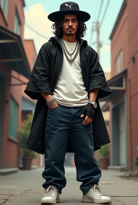 Big snapback hat, white long sleeve with black tucked, Silver chain, street shades, fingerless gloves, big baggy 501s dark dark blue, classic pumas white, cowboy belt. Men. Eazy-E like hair, small thin mustache. Big traditional  mexican poncho black colors...