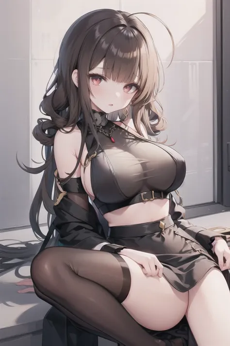 One girl,Alone, Big Breasts,
,dsr50highest, Ahoge, uniform,,Crop top overhang,(Underbust),Black knee socks,  Seraph of the Black, Long sleeve,Eyes visible through hair,