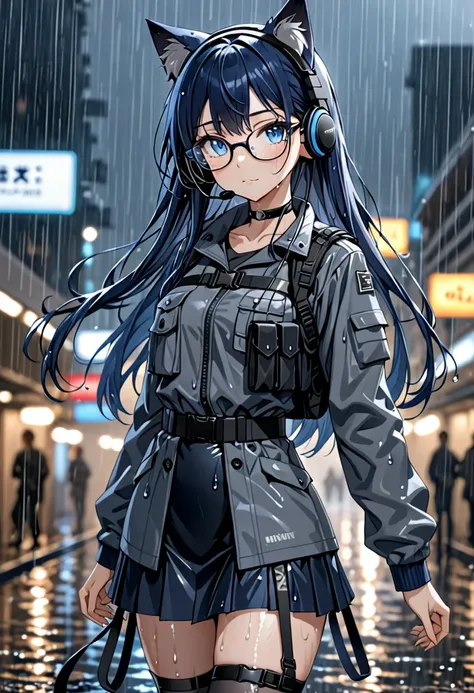 8k ultra high-quality, ultra-detailed, high quality, dark blue hair, long hair, blue eyes, headset, cat girl, grey tactical clot...