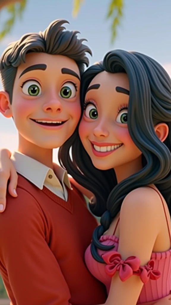 Create 2 Pixar style characters in superior quality, ultra-detailed, Desenho 8k sob CG unity, a woman and a man embraced , looking directly at the observer, Summer Subject, an enchanted and happy look, smiling, woman with black hair and blond boy 