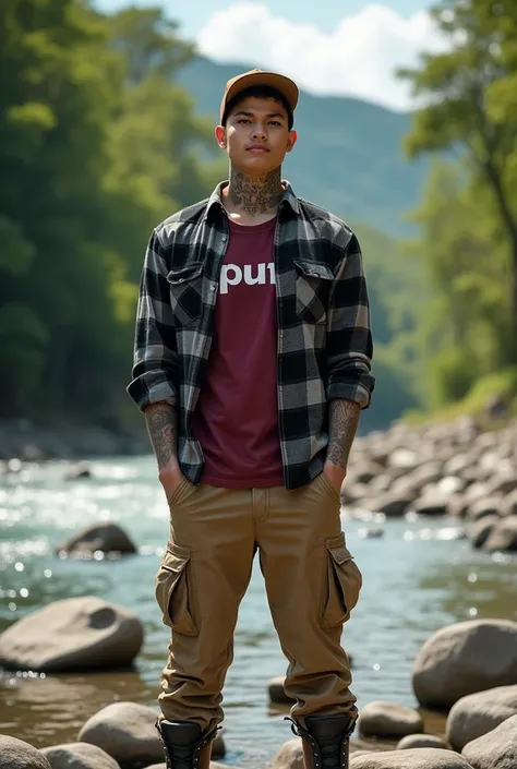 please make realistic photos, master piece, 30 year old Indonesian man, Handsome, small face shape, athletic and tattooed body, thin curly hair buzz cut. wearing a brown baseball cap, wearing a maroon t-shirt with the words "IPUNK" also wearing a black and...