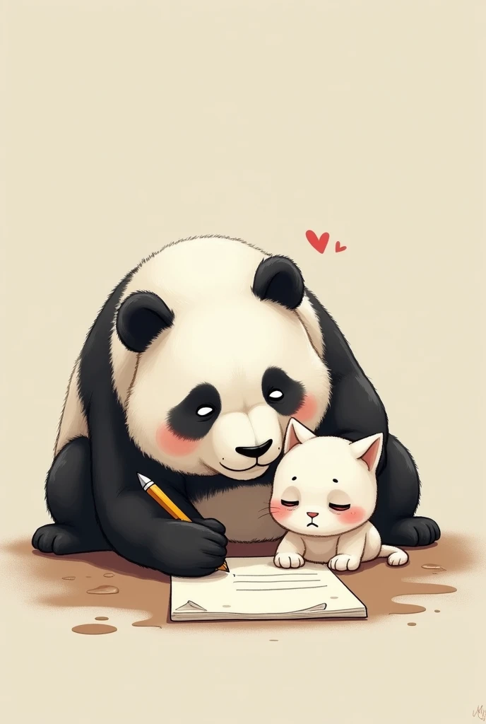 Panda and white kitten are  fail in write in paper and crying 