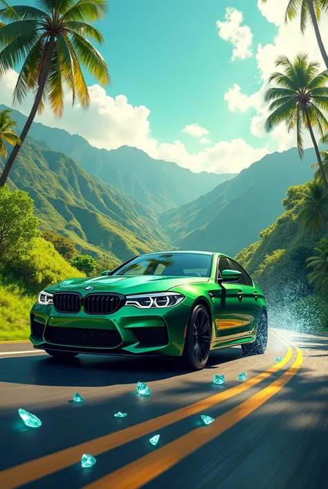 Background of Hawaiian hills, focus on a green BMW on the road, gushing notes and diamonds from inside the trunk of the back of the car as if the image were in motion. 