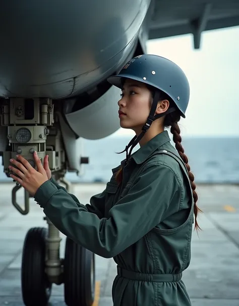 documentary photo, Photo-realistic, ultra-realistic, (very beautiful Japanese teenage girl, her beautiful face is looks like a famous Japanese idol:1.3), (super cute face), (military mechanic of Japan navy), wearing a tight fitting military mechanics unifo...