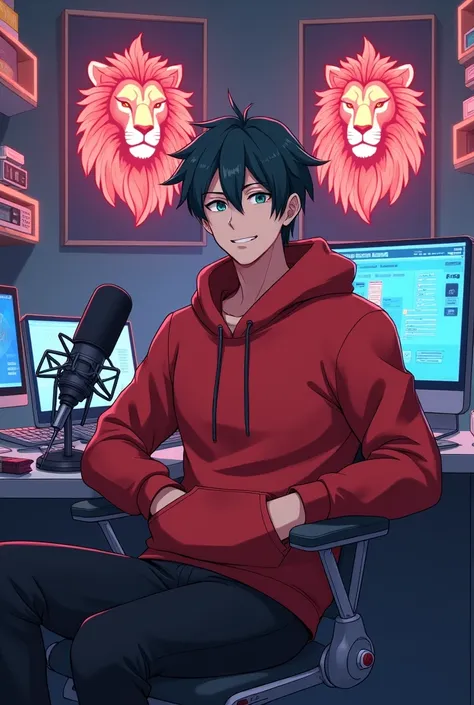 Create a anime boy who have a mature looking like a man facing in front he is a YouTube content creator, sitting in his studios with futuristic gadgets, and there is mic near him, wearing red hoodie, smiling and there is 2 posters of  Lion in his room 