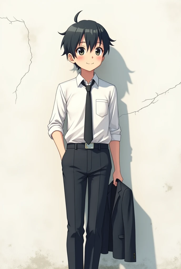 a realistic anime-style image of a  boy . He’s wearing a white shirt with tie and standing In front of a wall with a black suit in his hand. The boy is looking in front to right side, stylish hair, white skin, and blackish eyes. He looks happy with a close...