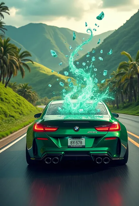 Background of Hawaiian hills, focus on a green BMW on the road, gushing notes and diamonds from inside the trunk of the back of the car as if the image were in motion. 