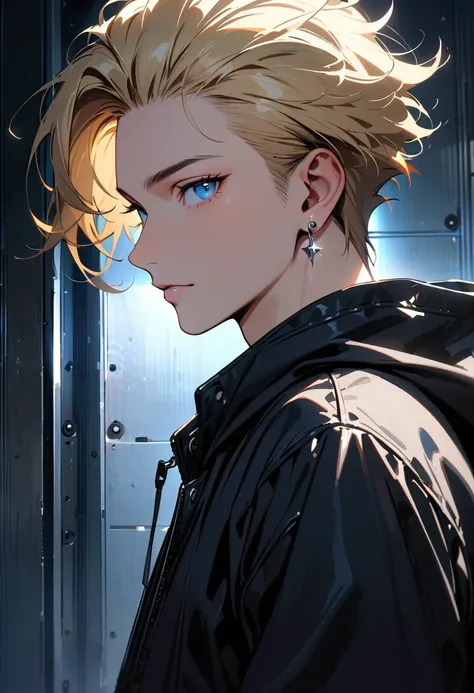 (masterpiece, best quality:1.3), A man, 22-years-old, solo, Caucasian, short blonde quiff-style hair, mature face, light blue eyes, black hoodie, black leather jacket, small silver earrings, titanium wall, looking at viewer, portrait, cool lighting