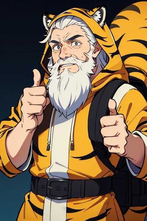 Male.stream emote. thumbs up. Tiger-Stripe robe.hermit.fit.long white beard.pure white beard. cartoon.hood. backpack. survivor. happy face. tiger ears hood. filled pupils