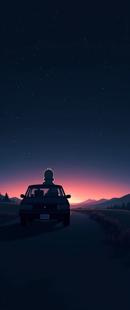 Recreate the scene and draw a picture of Homer from the Simpsons where he parks on the road and sits with his back to us in his car looking out at the dark night With stars and gives a purple to dark blue color to the night sky and The car and Homer look s...