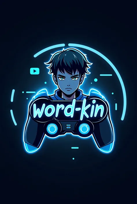 This is a gaming logo that features the name  alone-word-kin a futuristic font and a neon blue color. and Boy Anime avtar, The logo also has a stylized controller icon and a YouTube play button in the background. The logo is designed to be attractive and e...