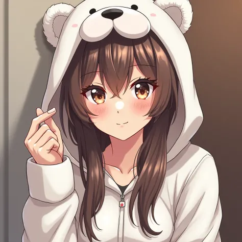 woman with long brown hair and brown eyes in a polar bear hoodie sucks penis, anime