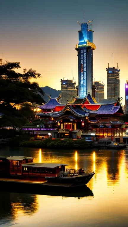 New Hangzhou (Cyber Hangchow) in a vibrant nighttime cityscape by the lake; golden light illuminates red Chinese style buildings with a blend of modern and ancient aesthetics, skyscraper pagodas and ancient manses with solar panels, a city glowing like gol...