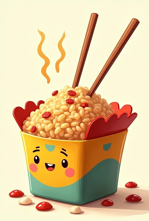 create a chao fan box with chopsticks on top and meat on top cartoon