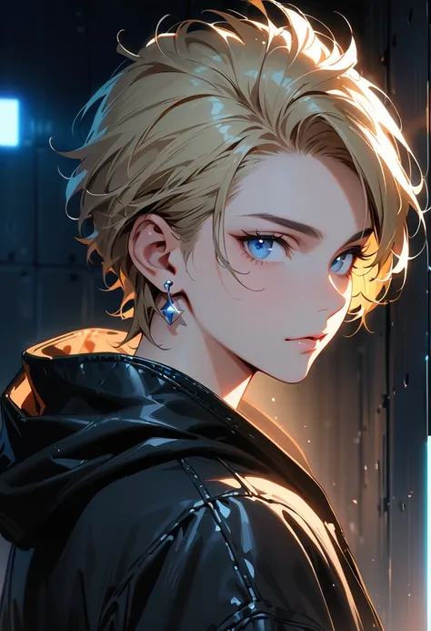 (masterpiece, best quality:1.3), A man, 22-years-old, solo, Caucasian, short blonde quiff-style hair, mature face, light blue eyes, black hoodie, black leather jacket, small silver earrings, titanium wall, looking at viewer, portrait, cool lighting