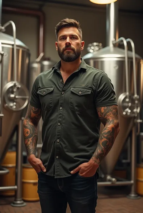 A tall, tattooed, athletic brewery owner in a business casual outfit 