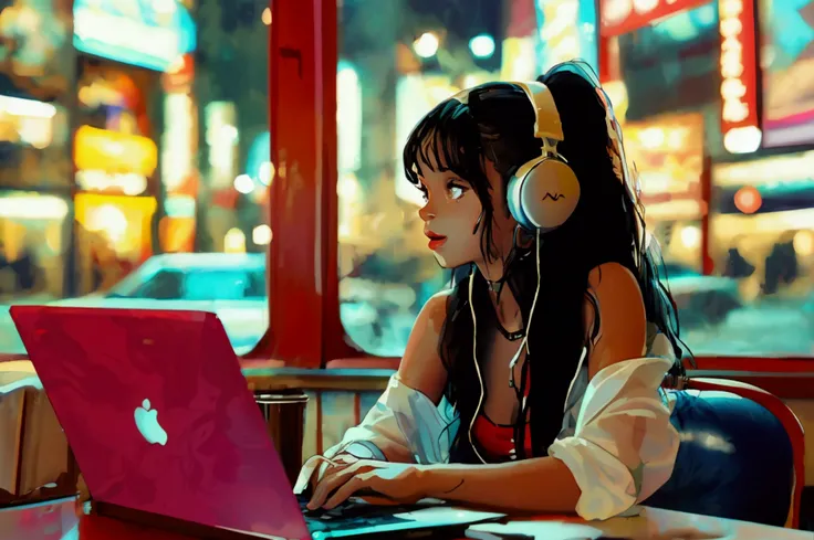 Best Quality, masterpiece), 1 girl, 1980s (style)Sitting at a desk with headphones on and a laptop,(style)A window seat in a restaurant,Outside the window is the night cityscape,ny,(style)Upper Body,Side view pinup , (style)Black hair color,Wavy Hair,(styl...