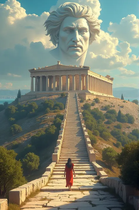 Person climbing the Acropolis and the Greek gods are there