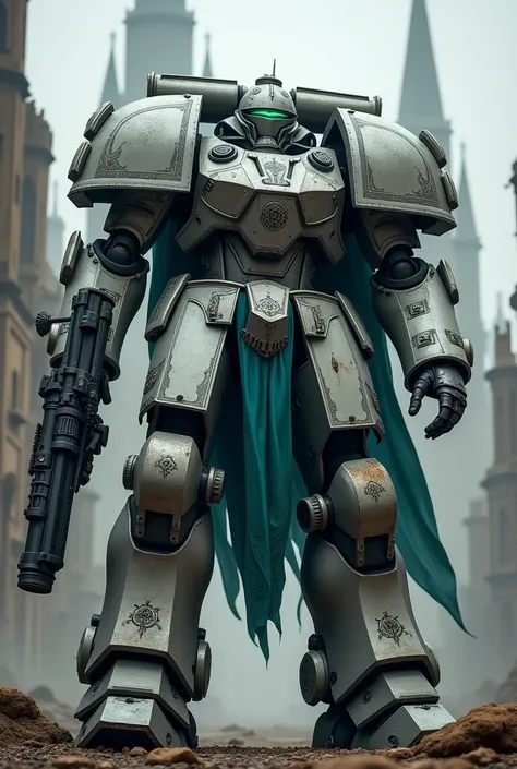 An imperial knight, main color is silver, secondary dark teal. Warhammer 40k 