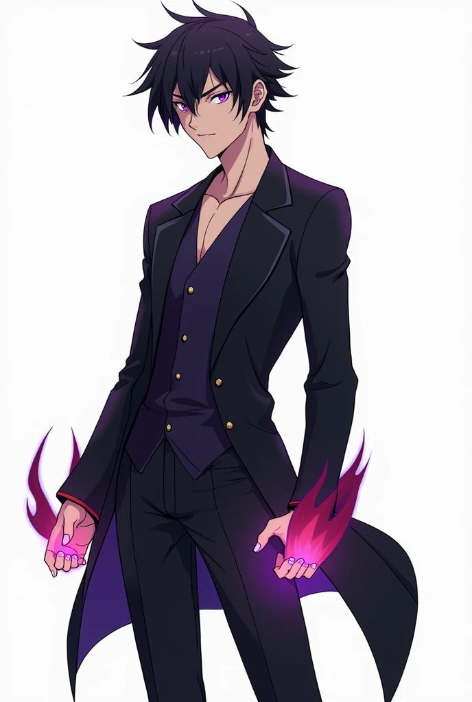 A clean and simplified version of the male anime character Ryuji Kurohara, standing tall. He has jet- black hair with a faint purple glow and dark violet eyes. His outfit is sleek, black and dark grey, with subtle purple and red flame accents around his ha...