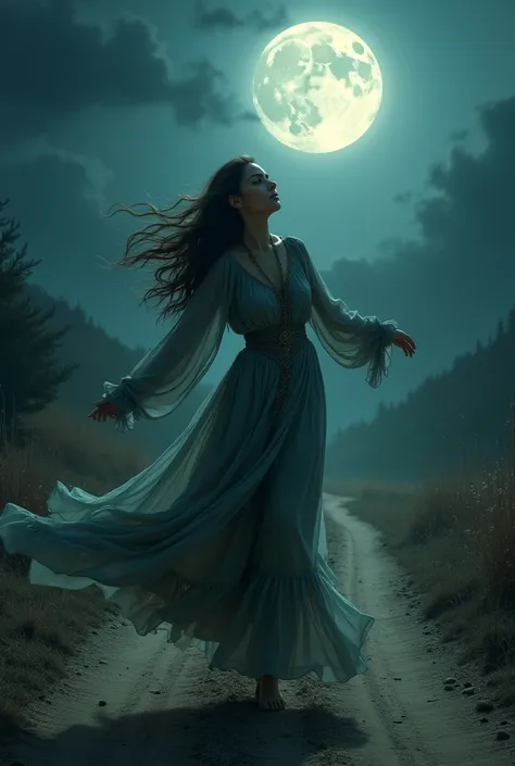 Gypsy dove on the dirt road dancing under the light of the full moon, she has a piercing gaze and long hair
