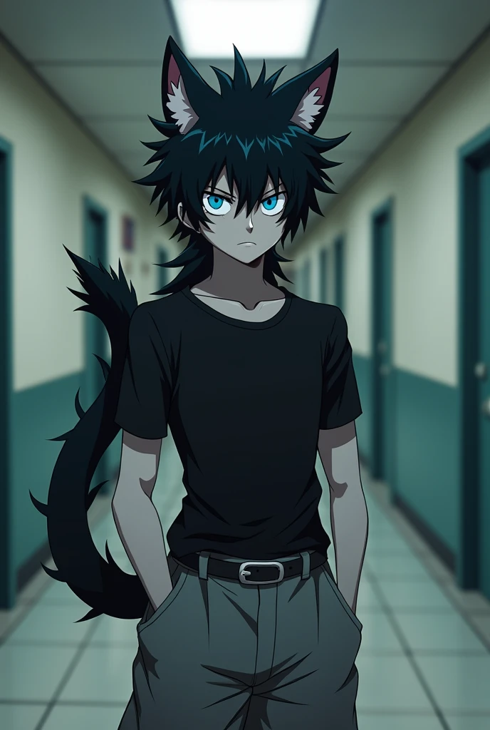 My Hero Academia screenshot.
Boy with long black fur, blue slanted eyes, pale skin, looks , black t-shirt fitted to his body and wide grey pants, serious expression, background hallways of UA school from boku no hero academia, profile angle photo.