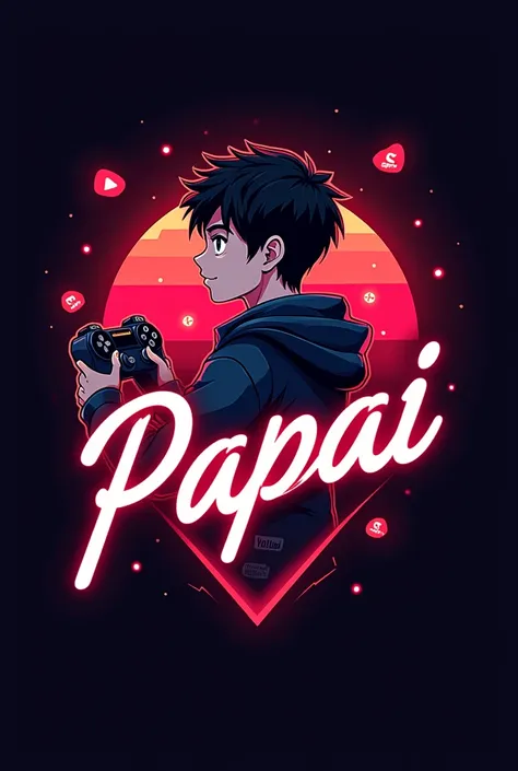 This is a gaming logo that features the name  papai a futuristic font and a neon red color. and Boy Anime avtar, The logo also has a stylized controller icon and a YouTube play button in the background. The logo is designed to be attractive and eye-catchin...