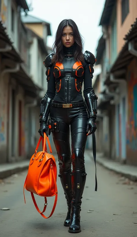 A full-body high-fashion editorial photoshoot featuring a powerful female model in a futuristic battle sci-fi outfit, complete with sleek metallic armor, neon accents, and advanced cybernetic elements. She holds a striking luxury handbag in vibrant orange,...