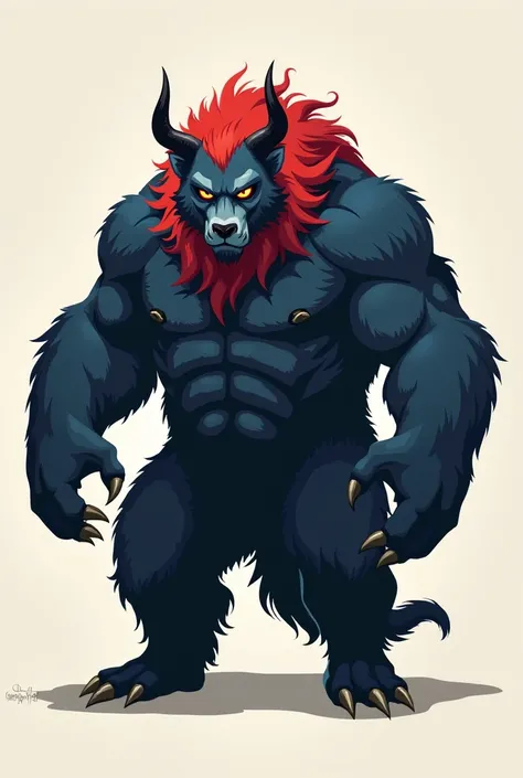 Furry beast dark blue color , red hair , minotaur horns , cat style , standing , Bear , simple